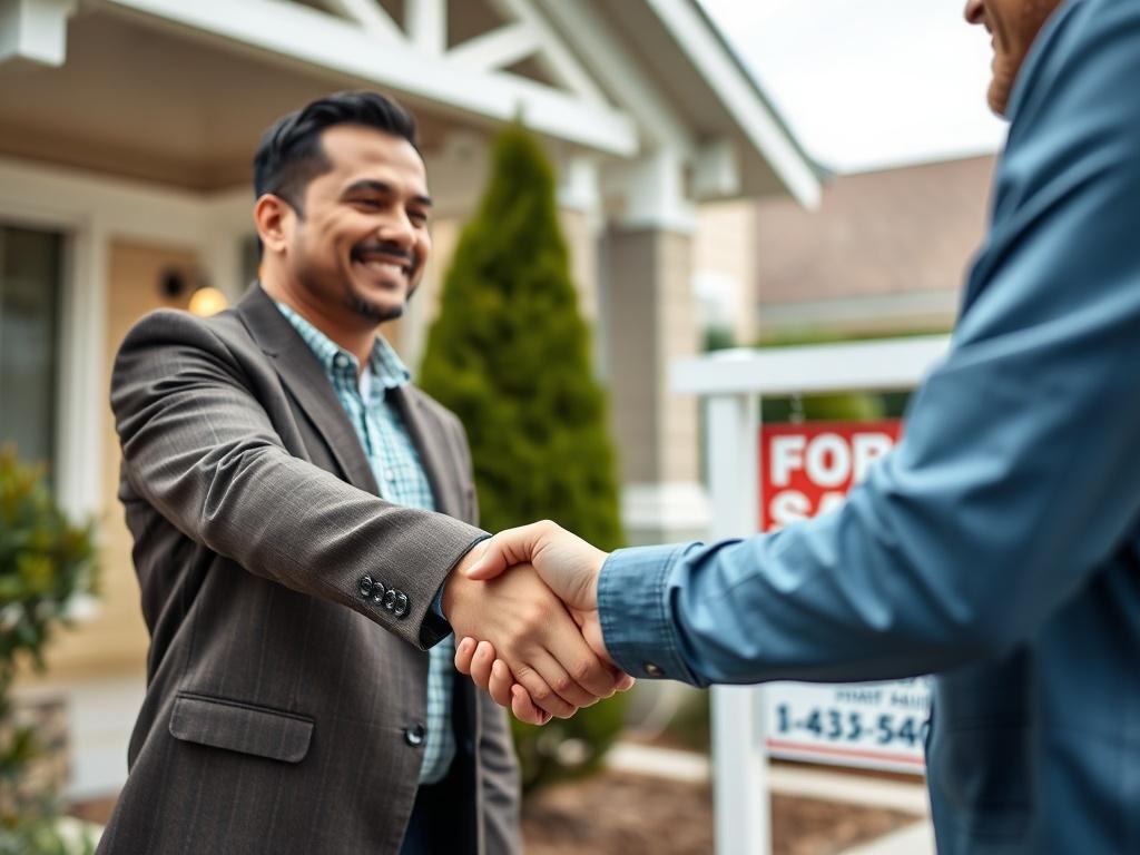 A close-up shot of a real estate agent shaking hands with a Hispanic homeowner outside a well-maintained house, with a for sale sign in the background, creating a sense of professionalism and trust.