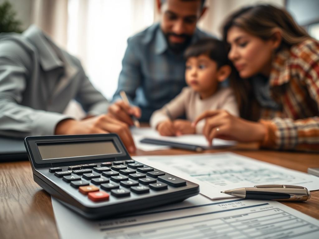 A close-up shot of a calculator and tax documents on a desk with a Hispanic family discussing their financial plans, creating a sense of urgency and opportunity.