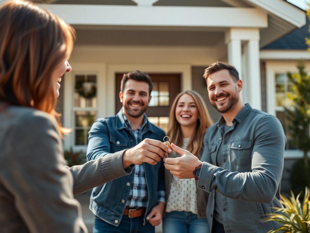 A vibrant and engaging image of a first-time homebuyer couple receiving keys from a real estate agent in front of a newly purchased home. The scene should be celebratory, with smiles and warmth. The house should be modern with a welcoming entrance, and the background should reflect a sunny day, enhancing the feeling of excitement.