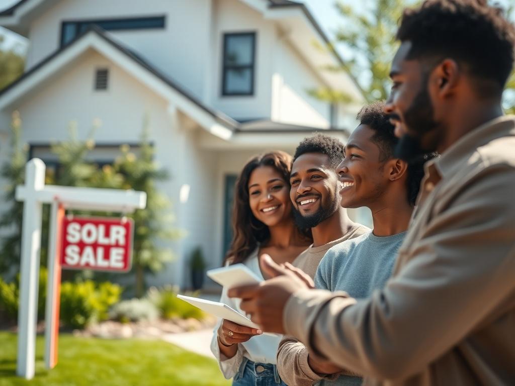 A close-up shot of a young couple looking at a house with a real estate agent, discussing details. The image should reflect excitement and anticipation. The background should include a modern home with a for sale sign, lush greenery, and a bright sunny day. The couple should represent a diverse background, showcasing warmth and enthusiasm.