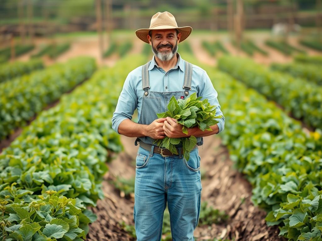 A realistic high resolution of a single farmer standing confidently