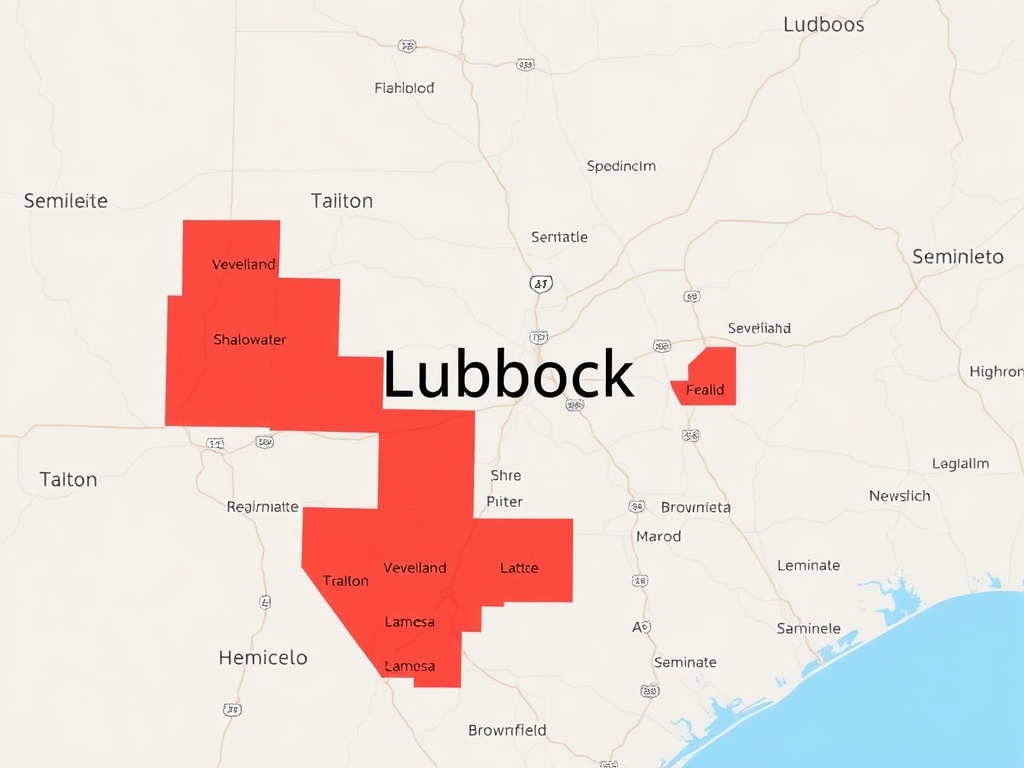 Map of Lubbock, Texas and surrounding service areas including Levelland, Shallowater, Slaton, Tahoka, Lamesa, Brownfield, and Seminole