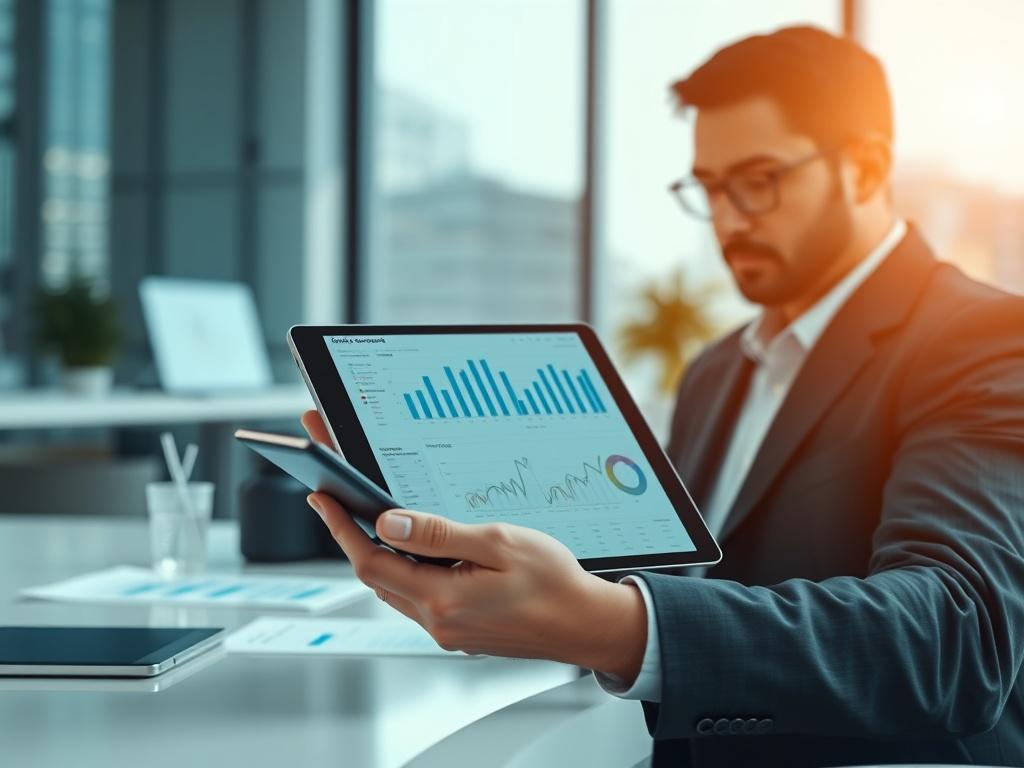 A focused shot of a cybersecurity expert reviewing identity governance charts on a digital tablet, set against a clean, modern office backdrop. The image should evoke professionalism and attention to detail, with a color palette of muted steel-blue and charcoal, emphasizing the importance of IAM and PAM.