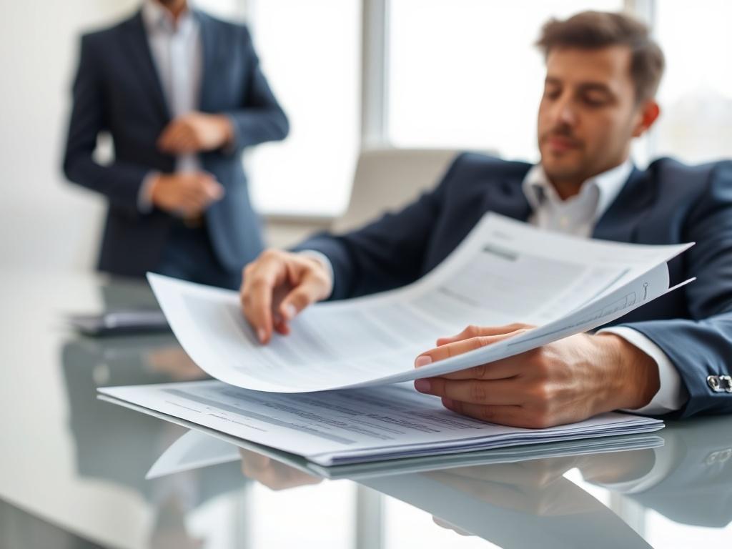 A close-up shot of a professional executive in a modern office setting, analyzing cybersecurity strategy documents on a sleek desk. The background should be minimal with soft white and navy tones, highlighting the seriousness of cybersecurity leadership. The focus should be on the executive's hands and documents, creating a sense of clarity and purpose.