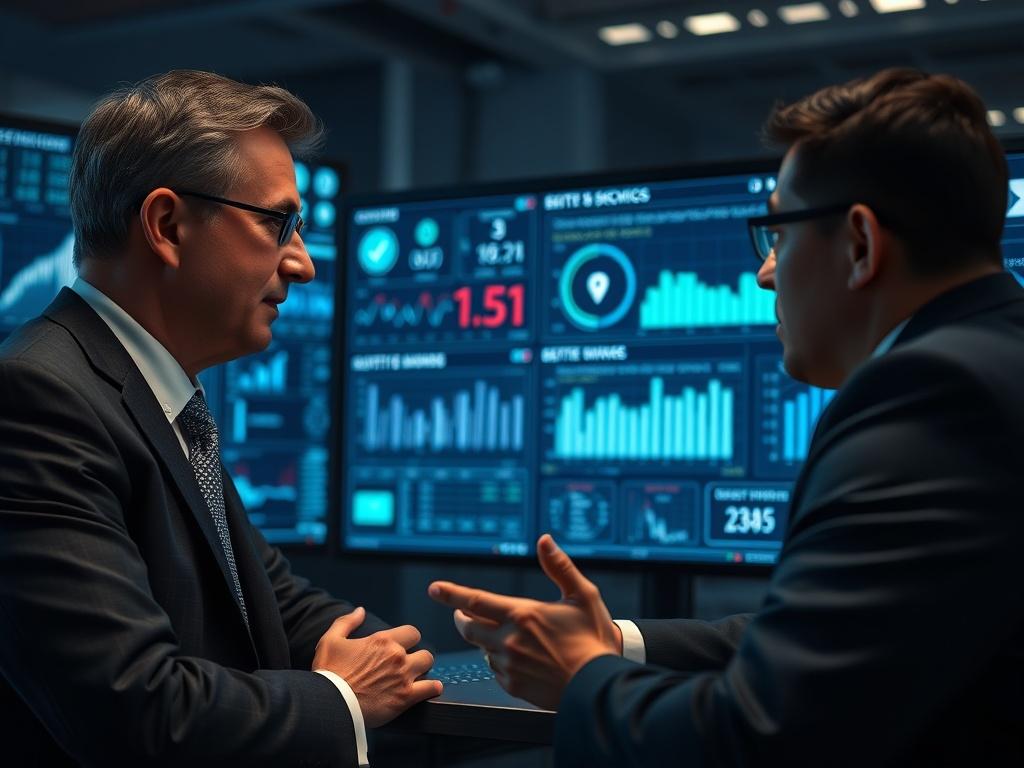 A close-up image of an executive engaged in a discussion with a cybersecurity advisor, surrounded by digital screens displaying security metrics and data. The atmosphere should convey a sense of collaboration and strategic planning, with a clean and professional aesthetic using navy and charcoal tones.