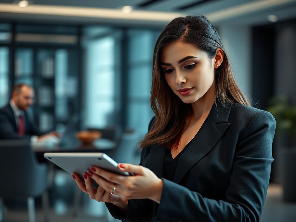 A close-up shot of a confident businesswoman in a modern office setting, analyzing cybersecurity data on a tablet. The background is an elegant, minimalistic office with muted steel-blue and charcoal tones. The lighting is bright yet soft, focusing on the subject to convey a sense of professionalism and expertise.