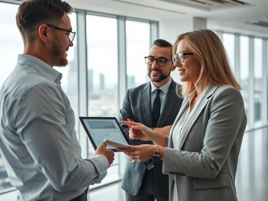 A professional cybersecurity consultant engaged in a strategic discussion with a business leader in a modern office environment. The consultant, a middle-aged woman with glasses and a confident demeanor, is pointing at a digital tablet displaying cybersecurity analytics. The office is well-lit with a sleek, minimalist design, featuring a large window showcasing a city skyline in the background. The color palette includes whites and muted blues to convey professionalism and calm.