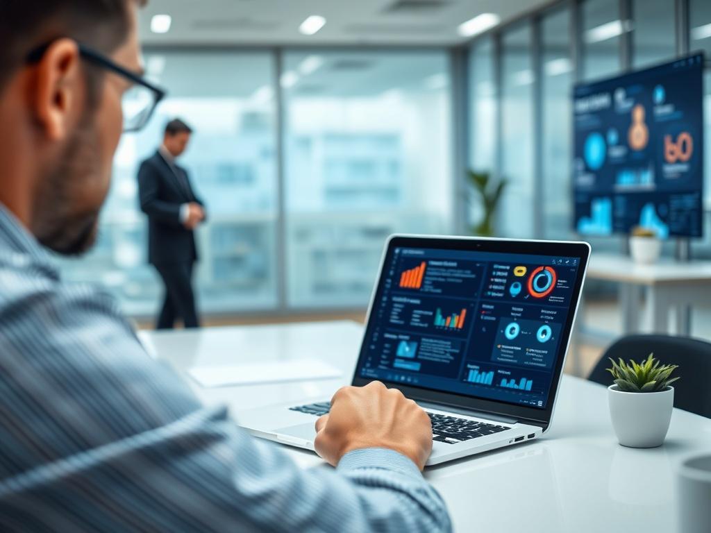 A focused shot of a cybersecurity advisor demonstrating an IAM and PAM solution on a laptop screen in a modern office setting. The background is uncluttered, showcasing high-tech elements, such as security dashboards and analytics, conveying a sense of advanced technology and strategic insight.