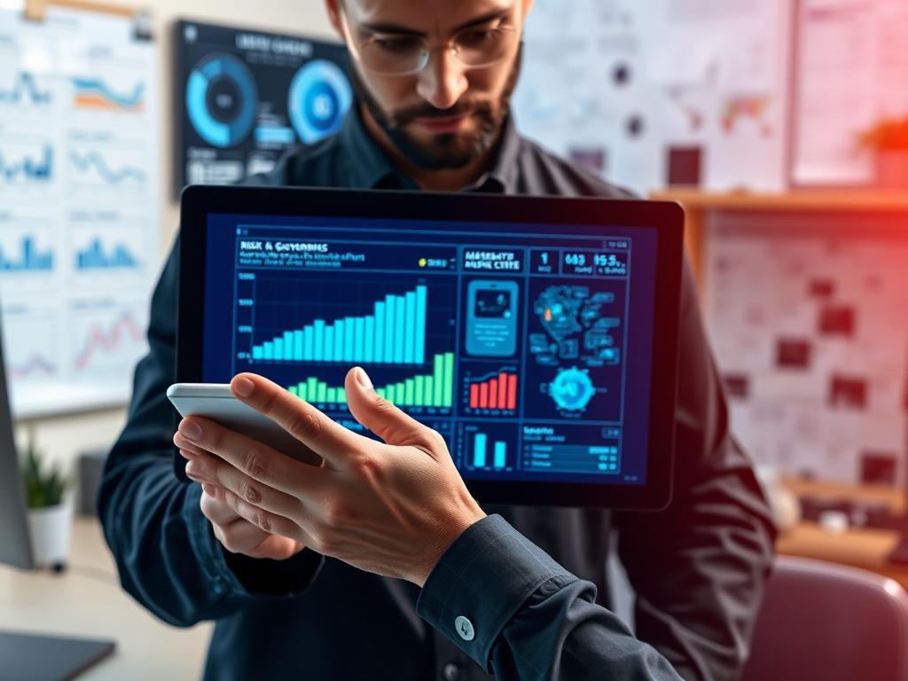 An engaging close-up of a cybersecurity professional analyzing risk and governance metrics on a digital interface, surrounded by high-tech security tools. The background features an organized workspace with data visualizations, emphasizing clarity and strategic oversight in cybersecurity governance.