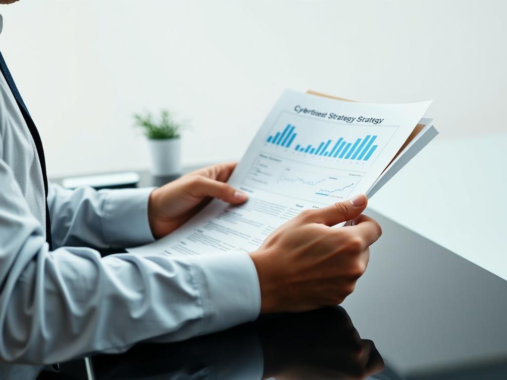 A close-up shot of a professional consultant reviewing cybersecurity strategy documents on a sleek, modern desk. The background is minimal with a clean and organized workspace, emphasizing clarity and professionalism. The focus is on the documents and the consultant's hands, showcasing a sense of purpose and strategic thinking.