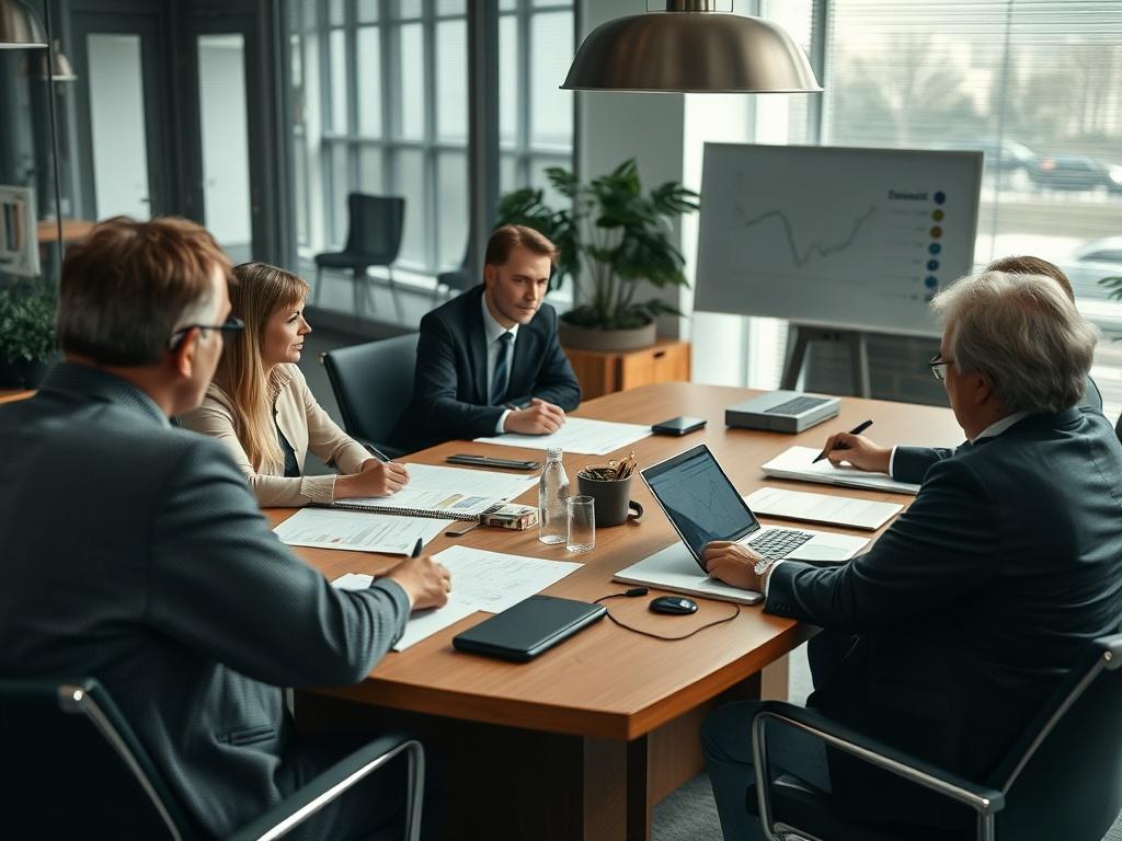 A close-up shot of a risk assessment meeting in progress, with stakeholders engaged in discussion around a conference table. The setting should be professional, with documents and technology present, showcasing a collaboration atmosphere in muted color tones.