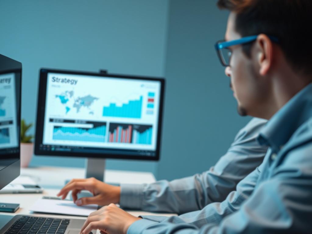 A close-up shot of a business executive analyzing cybersecurity strategy charts and graphs on a high-resolution screen, set in a minimalistic office environment. The background should be clean and professional, with muted steel-blue tones, emphasizing focus on the strategy discussion.