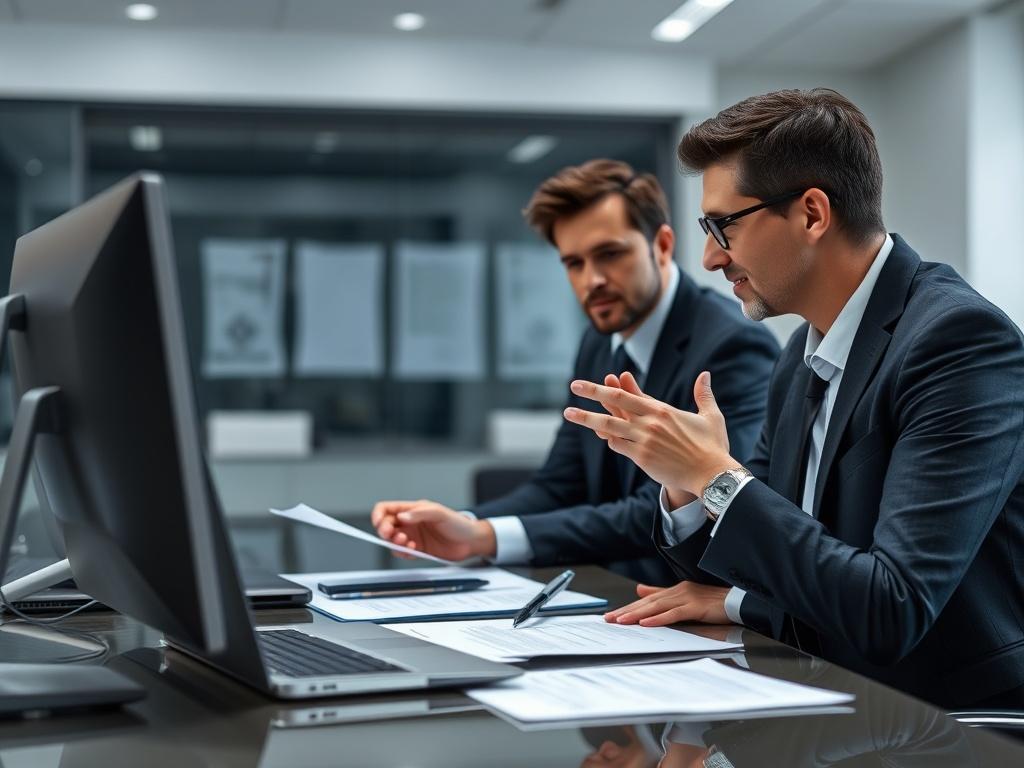 A close-up shot of a professional consultant discussing identity and access management strategies with a client, featuring documents and digital tools on a clean executive desk. The background should have a modern, minimalist design with navy and charcoal tones.