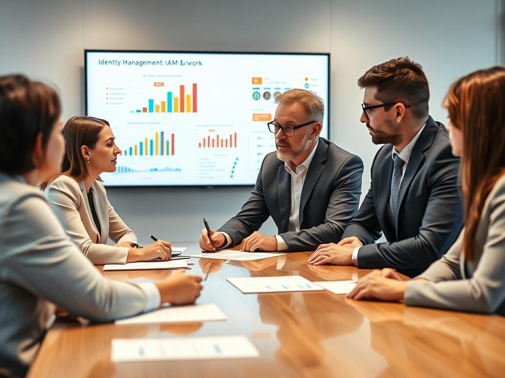 An executive consultant reviewing IAM frameworks with stakeholders around a conference table. The setting features a clean and modern conference room with a large screen displaying identity management charts and data. The focus is on collaboration and strategic planning, emphasizing the importance of IAM and PAM in cybersecurity.