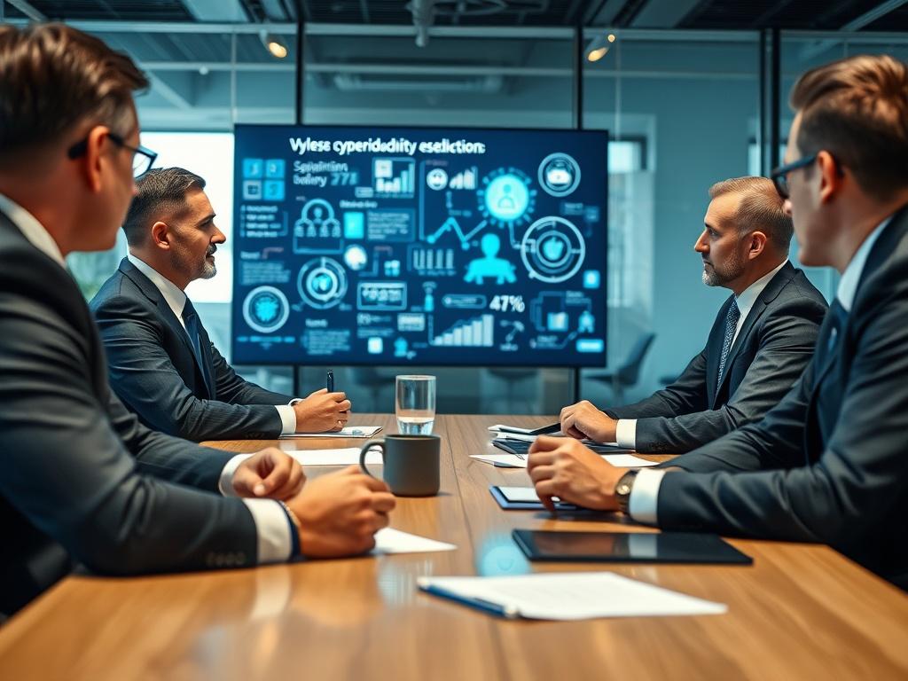 An executive advisory session taking place in a modern office, featuring a cybersecurity expert engaging with C-suite executives. The atmosphere is professional and focused, with visual aids illustrating key cybersecurity concepts on a digital screen. The image conveys the importance of informed leadership in cybersecurity decision-making.