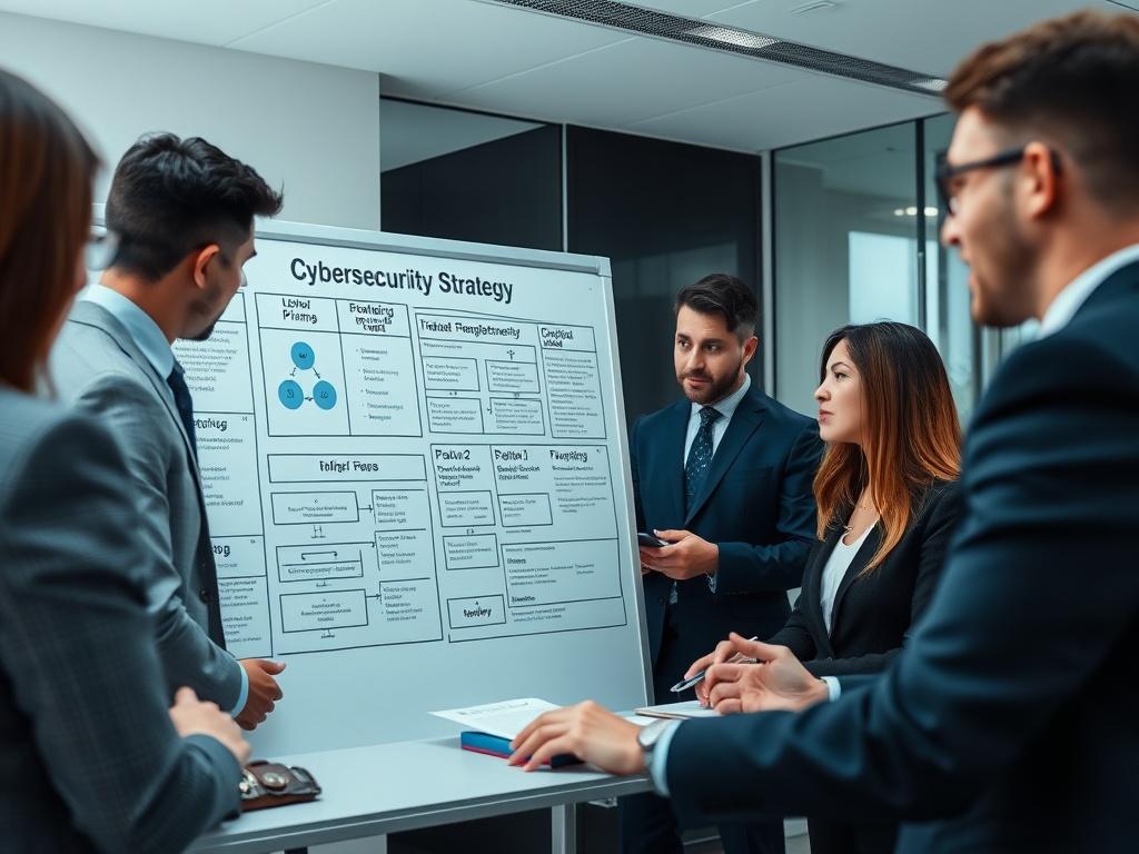 A professional executive discussing cybersecurity strategy with a team in a modern office setting. The focus is on a whiteboard filled with strategic plans and cybersecurity frameworks. The environment is clean and organized, with muted colors like navy and charcoal. The image captures the seriousness and professionalism of the discussion, highlighting the importance of strategy in cybersecurity.