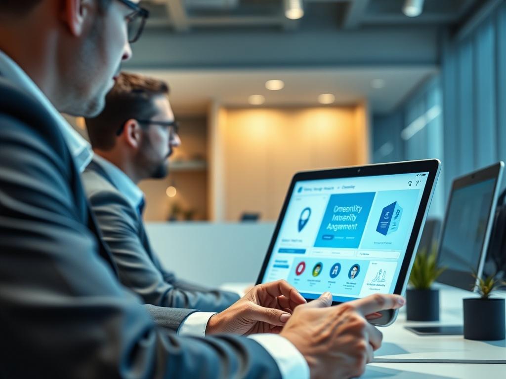 A close-up shot of a cybersecurity consultant working with clients on a digital device, showcasing identity management software on a screen. The background features clear, modern office decor, with a focus on professionalism and clarity, using a muted steel-blue color palette.
