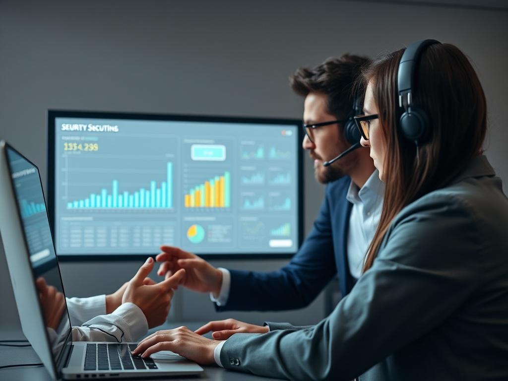 A high-resolution image of a team of cybersecurity professionals collaborating on a security program transformation project. The individuals should be engaged in a discussion around a digital dashboard displaying security metrics, with a clean and professional background in muted tones.