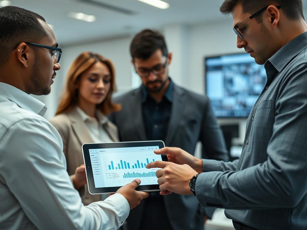 A close-up shot of a professional discussing cybersecurity strategies with colleagues in a modern office setting. The background should be minimalistic, with a focus on a digital tablet displaying risk management metrics. The color palette should include shades of white, charcoal, and navy to align with the executive style of The Veloxian Group.