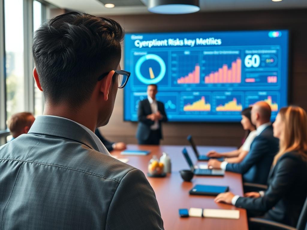 A close-up shot of a business leader presenting cybersecurity risks to a boardroom filled with executives. The focus should be on the presenter, with a digital presentation in the background highlighting key metrics, all set in a professional and modern environment.