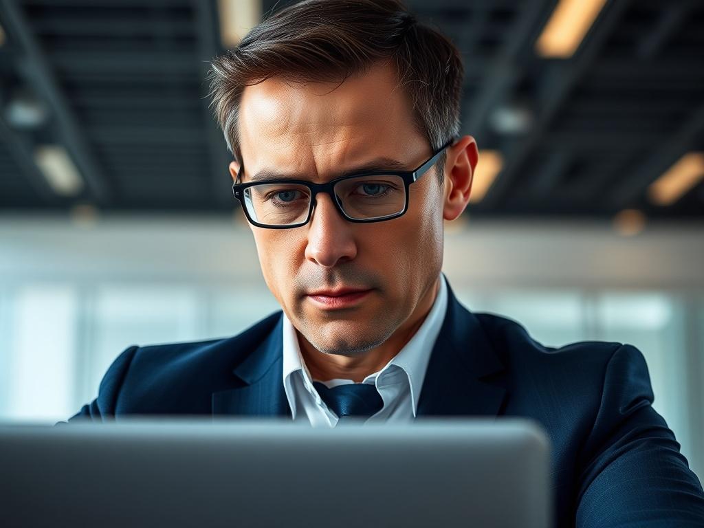 A professional executive in a modern office setting, focused on a digital security strategy, with a sleek laptop open in front of them. The background should be minimalistic and clean, reflecting a sophisticated business environment. The image should have a close-up shot, showcasing the executive's intent expression, emphasizing leadership and strategic thinking. The color palette should align with navy and muted steel-blue tones, providing a sense of professionalism and trust.