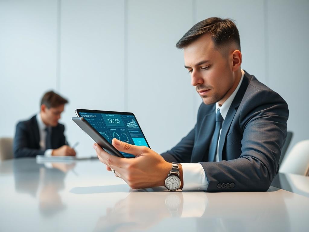 A clean, professional executive meeting setting with a single subject focused on a digital tablet displaying cybersecurity data. The background should be minimalistic, using white and muted steel-blue tones to create a calm atmosphere. The subject is dressed in business attire, showcasing a serious and engaged demeanor, reflecting the importance of cybersecurity strategy in modern business environments.