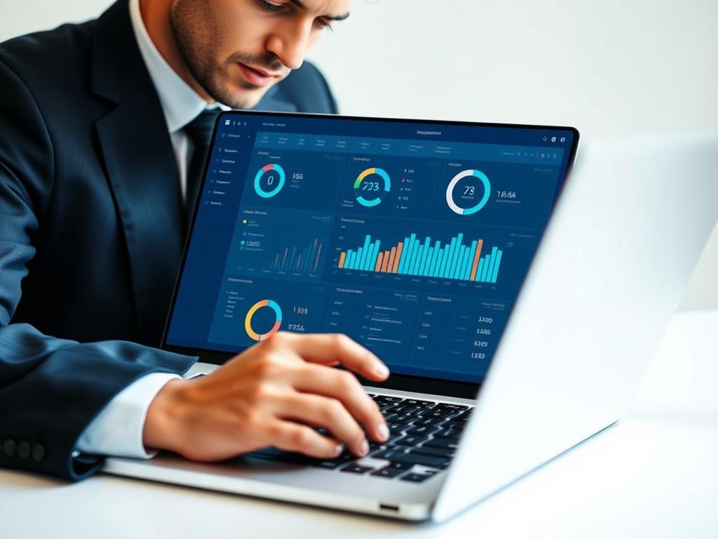 A focused view of an identity management dashboard on a laptop, with a professional in business attire analyzing data. The background should be simple and clean, using a combination of navy and white tones. The subject is engaged in serious analysis, highlighting the importance of IAM and PAM in a corporate setting.