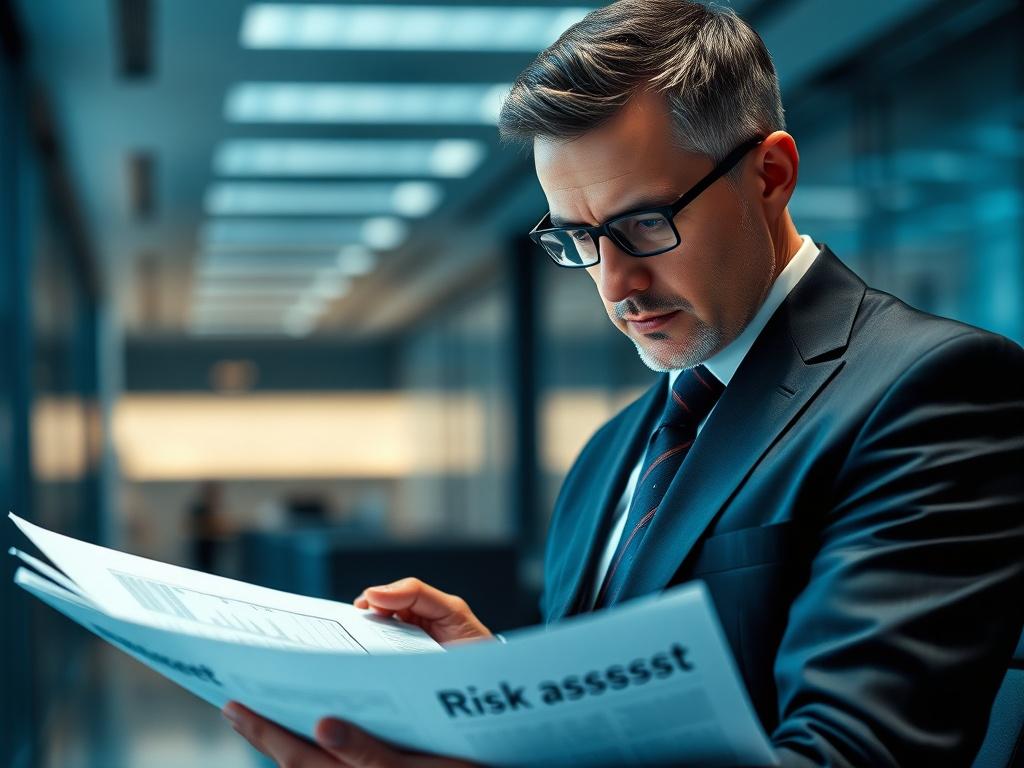 A professional in a business suit reviewing risk assessment documents with a serious expression. The background should be a sleek office environment with muted steel-blue and charcoal tones, emphasizing professionalism and the gravity of cyber risk management.