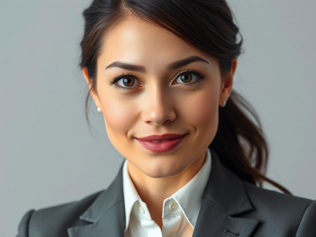 A high-resolution portrait of a professional woman with an engaging expression, wearing a business suit. The background should be a soft gray to highlight her features. The image should be shot with a 45mm f/1.2 lens style to create a shallow depth of field, focusing on her face while softly blurring the background.