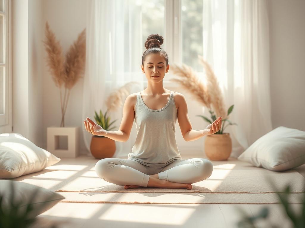 A serene, peaceful atmosphere featuring a single person sitting cross