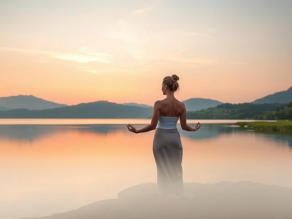 A serene landscape featuring a woman meditating by a tranquil lake at sunrise. The sky is filled with soft pastel colors, reflecting on the calm water. Surrounding the lake are gentle hills and lush greenery, creating a peaceful and harmonious atmosphere. The composition is focused on the woman in the foreground, embodying peace and mindfulness.
