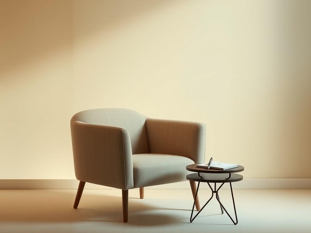 A serene and inviting space with a comfortable chair and soft lighting, featuring a journal and a pen on a small table beside it. The background should be a gentle gradient of soft colors, creating a peaceful atmosphere. The focus is on the chair and the journal, symbolizing a space for reflection and intuition. The overall vibe should evoke tranquility and introspection.