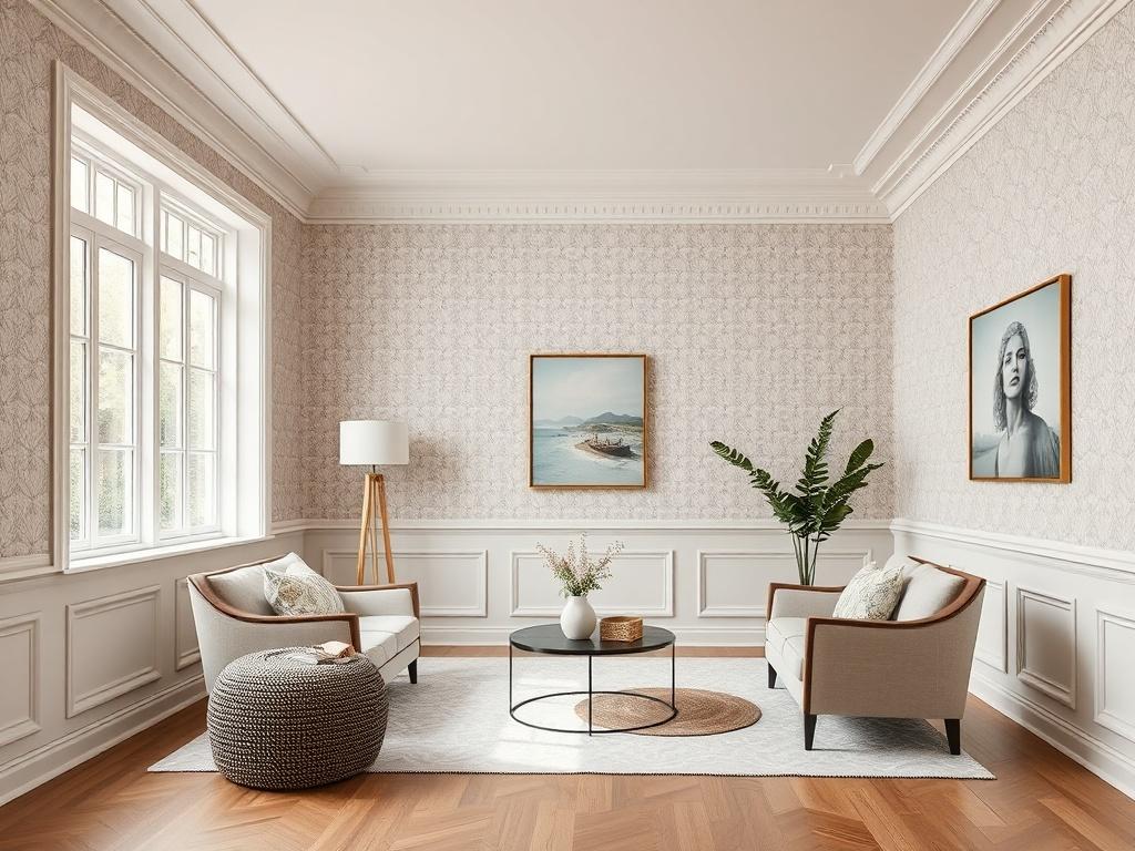 A beautifully designed interior room featuring full-wall wallpaper and classic wainscoting on the lower half of the walls. The style blends modern and traditional design, showcasing elegant panel molding, soft neutral tones, and subtle patterned wallpaper. The space feels cozy, warm, and inviting, with layered textures and tasteful decor. It appears spacious with balanced proportions, enhanced by natural light from large windows and soft ambient lighting. The composition is bright, airy, and professionally 