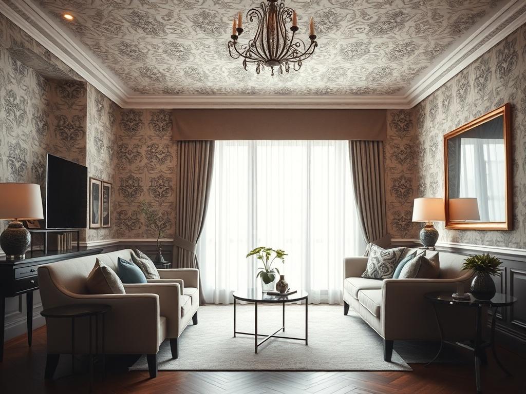 A close-up shot of a beautifully installed wallpaper in a sophisticated interior setting, showcasing intricate patterns and textures. The image should feature a well-lit room with elegant furniture, highlighting the contrast between the wallpaper and the decor. The background should be simple and minimalistic, ensuring the wallpaper remains the focal point. The overall tone should convey sophistication and style, captured in hyper-realistic detail.
