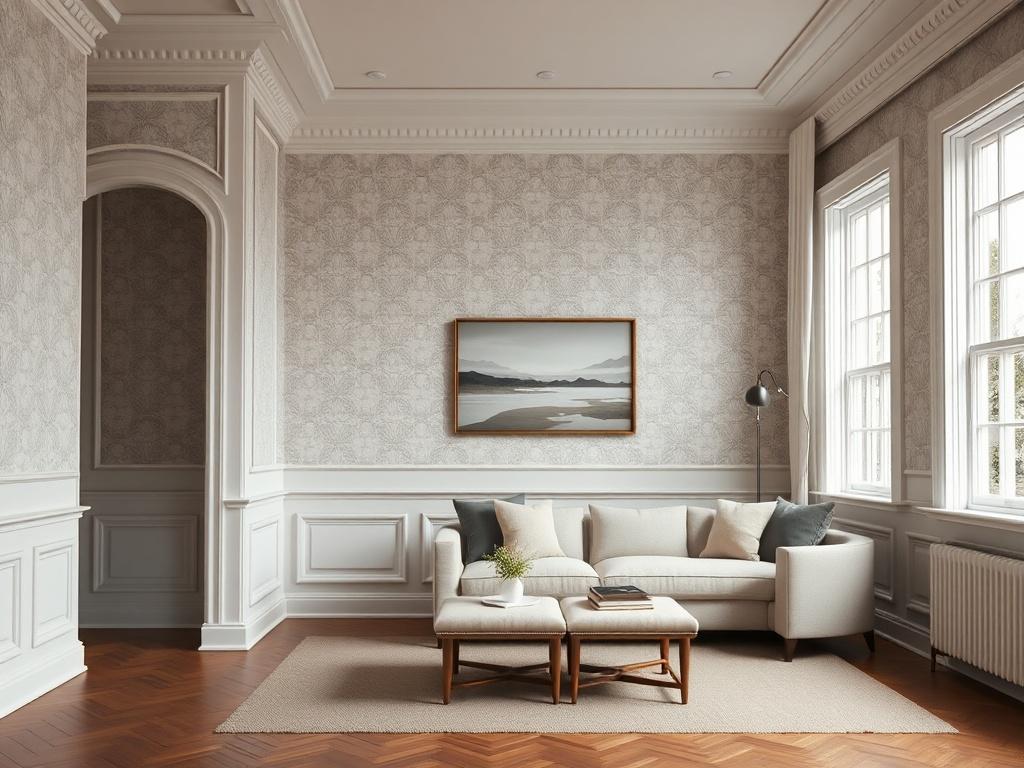 A beautifully designed interior room showcasing full-wall wallpaper and classic wainscoting on the lower half of the walls. The style blends modern and traditional design, featuring elegant panel molding, soft neutral but slightly darker tones, and subtle patterned wallpaper. The space feels cozy, warm, and inviting, with layered textures and tasteful decor. The room appears spacious with balanced proportions, enhanced by natural light from large windows and soft ambient lighting. The composition is bright,