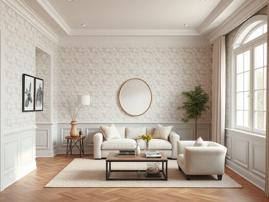 A beautifully designed interior room showcasing full-wall wallpaper and classic wainscoting on the lower half of the walls. The style harmoniously blends modern and traditional design elements, featuring elegant panel molding, soft neutral but slightly darker tones, and subtle patterned wallpaper. The space emanates a cozy, warm, and inviting vibe, with layered textures and tasteful decor. The room appears spacious with balanced proportions, enhanced by natural light pouring in from large windows and soft a