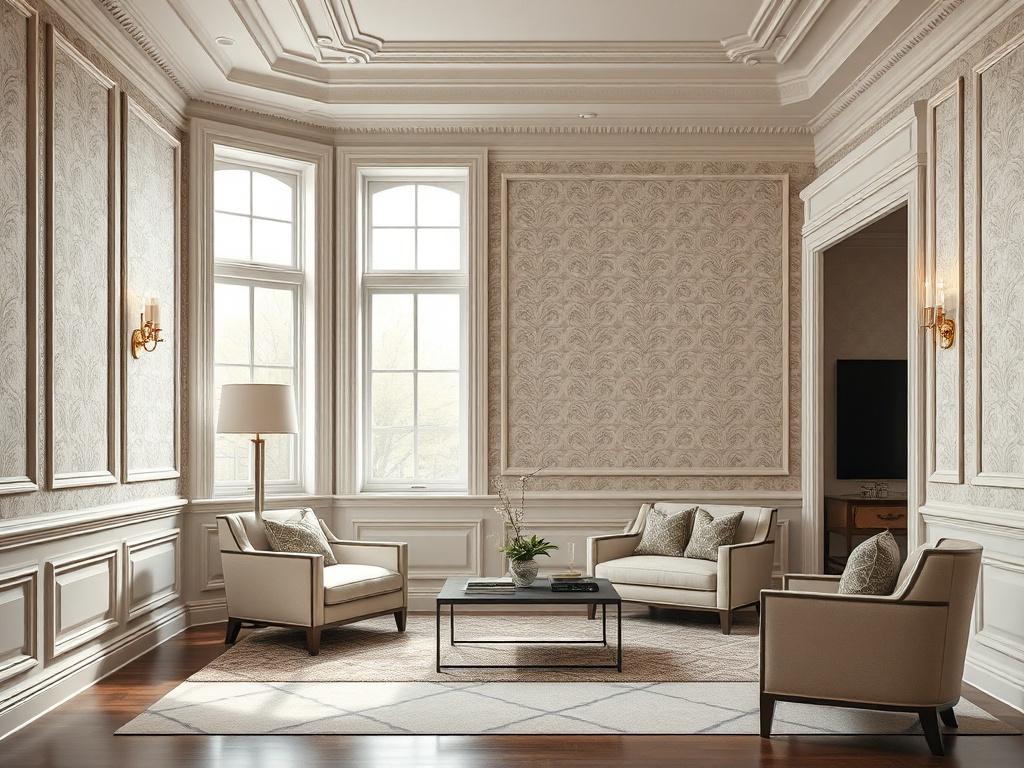 A luxury interior room featuring elegant full-wall wallpaper and classic wainscoting on the lower half of the walls. The design blends modern and traditional styles, showcasing refined panel molding, soft neutral tones, and subtle, sophisticated patterns. The space feels warm, cozy, and inviting, remaining bright and spacious. Natural light flows through large windows, complemented by soft ambient lighting, creating a balanced, airy atmosphere. The room is tastefully styled with high-end furnishings and min