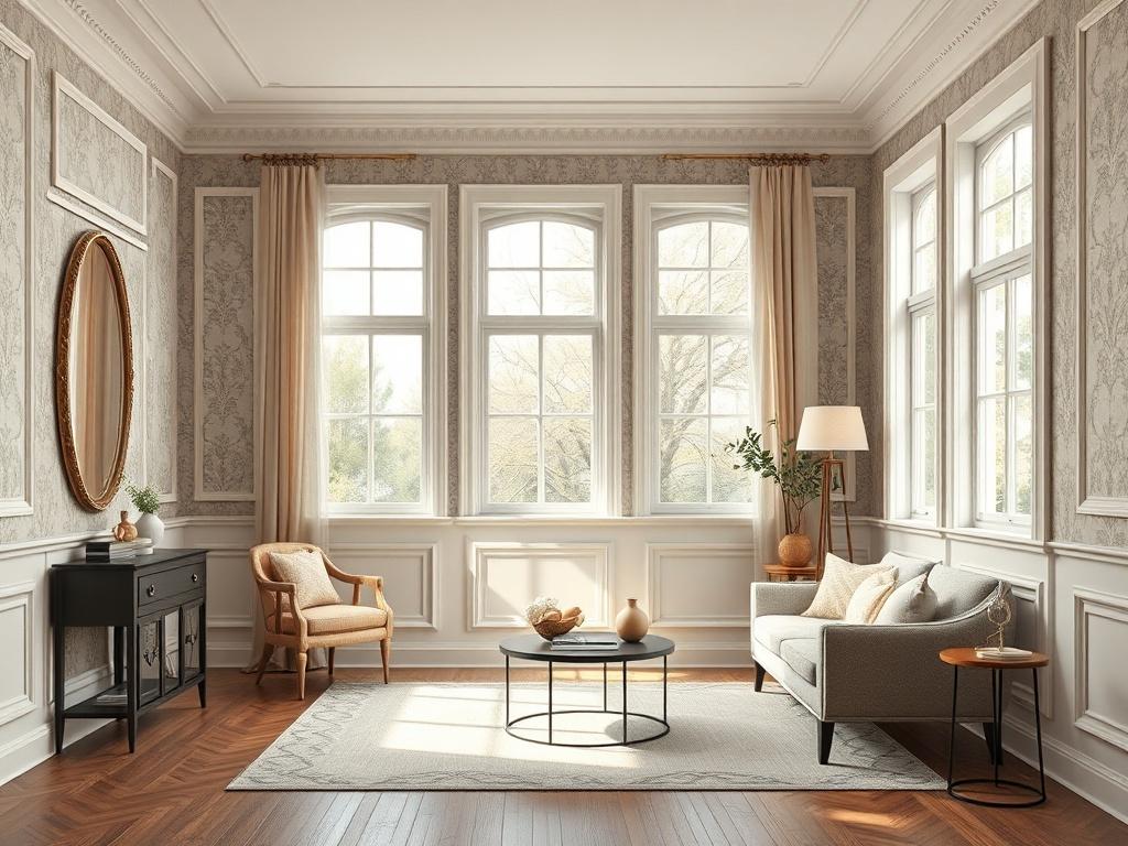 A beautifully designed interior room featuring full-wall wallpaper and classic wainscoting on the lower half of the walls. The style blends modern and traditional design, showcasing elegant panel molding, soft neutral but slightly darker tones, and subtle patterned wallpaper. The space feels cozy, warm, and inviting, with layered textures and tasteful decor. The room appears spacious with balanced proportions, enhanced by natural light streaming from large windows and soft ambient lighting. The composition 