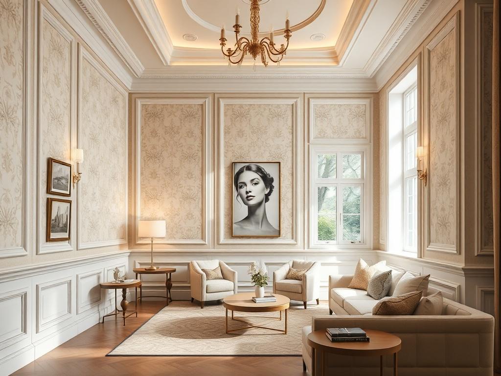 A luxury interior room showcasing elegant full-wall wallpaper and classic wainscoting on the lower half of the walls. The design blends modern and traditional styles, featuring refined panel molding and soft neutral tones with subtle, sophisticated patterns. The space exudes warmth, coziness, and an inviting atmosphere while remaining bright and spacious. Natural light streams through large windows, enhanced by soft ambient lighting that creates a balanced, airy feel. The room is tastefully styled with high