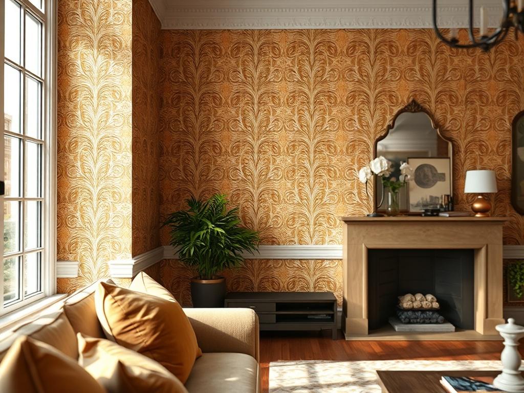 A hyper-realistic close-up shot of a beautifully wallpapered accent wall featuring intricate patterns and textures, showcasing a warm color palette. The setting is a well-lit room with natural light filtering in, highlighting the elegance and sophistication of the design. The focus is on the details of the wallpaper, with a blurred background that hints at stylish furniture, creating an inviting and luxurious atmosphere.