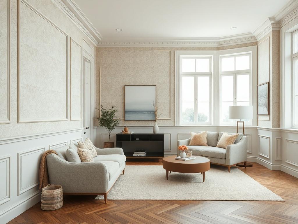 A beautifully designed interior room showcasing full-wall wallpaper and classic wainscoting on the lower half of the walls. The style blends modern and traditional design elements, featuring elegant panel molding and soft neutral tones that are slightly darker. Subtle patterned wallpaper adds depth and character to the space. The room exudes a cozy and inviting ambiance, with layered textures and tasteful decor that enhance its warmth. Natural light pours in from large windows, complemented by soft ambient 