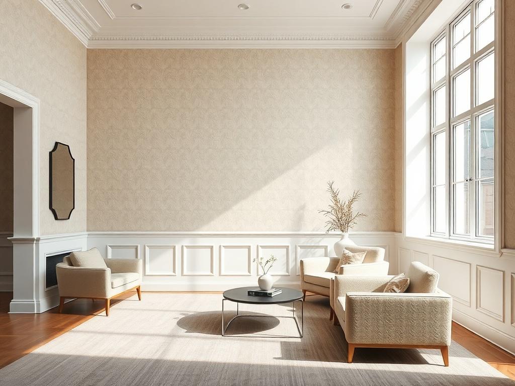 A bright, realistic interior photograph of an elegant room featuring full-wall grass cloth wallpaper with a light pattern. The modern and moody design incorporates classic white wainscoting on the lower half of the walls. The space blends modern and traditional styles with simple panel molding and a soft, neutral color palette. The wallpaper pattern is subtle and not distracting. The minimally furnished room includes a few high-end pieces, maintaining a clean and uncluttered appearance. Natural daylight streams in from large windows, creating a soft, airy atmosphere with gentle shadows. The composition is wide and balanced, with intentional empty space on one side for website text. The tones are light and slightly warm, designed to complement blue and white text, exuding a realistic, calm, timeless, and quietly luxurious feel.