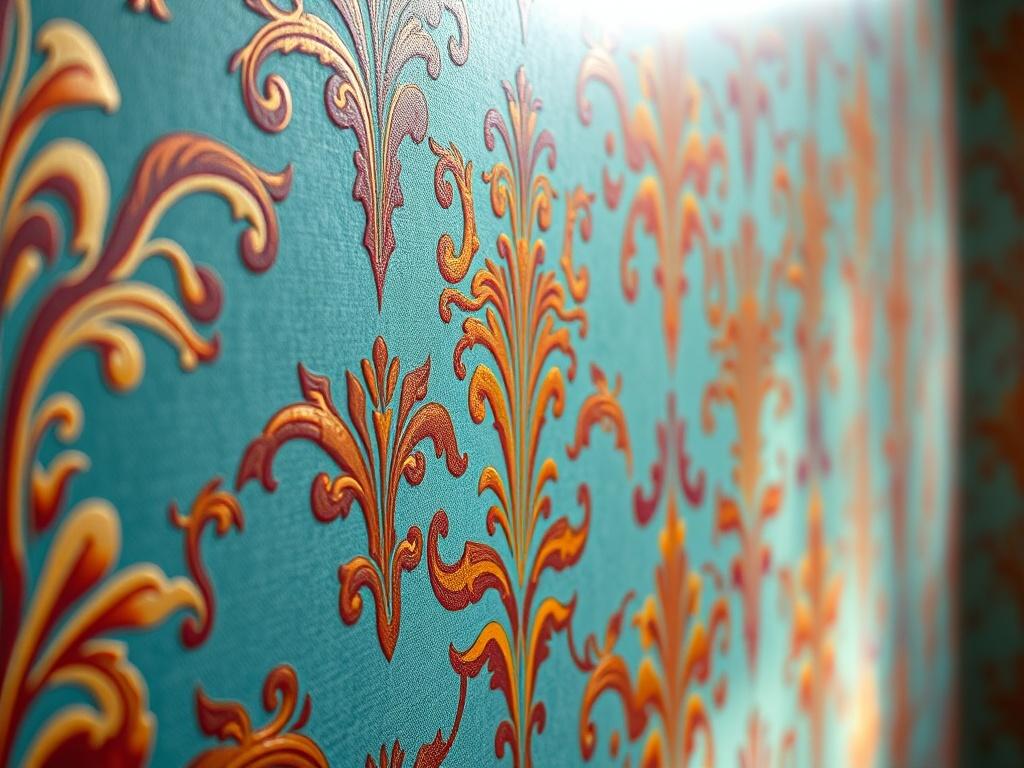 A close-up shot of a beautifully textured wallpaper, showcasing intricate patterns and colors. The focus should be on the vibrant details of the wallpaper, with soft natural light illuminating the surface. The background should be minimalistic to keep the attention on the wallpaper itself, emphasizing its elegance and quality. The image should be hyper-realistic, shot with a 45mm f/1.2 lens style, creating a depth of field effect.