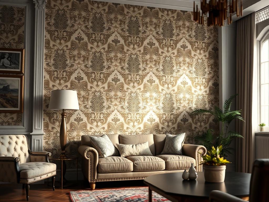 A hyper-realistic close-up shot of a beautifully designed wallpaper installation in an elegantly furnished room, showcasing intricate patterns and textures. The composition should focus on the wallpaper with soft natural lighting highlighting its details. The background should be subtly blurred to emphasize the wallpaper's beauty, creating an inviting and sophisticated atmosphere.