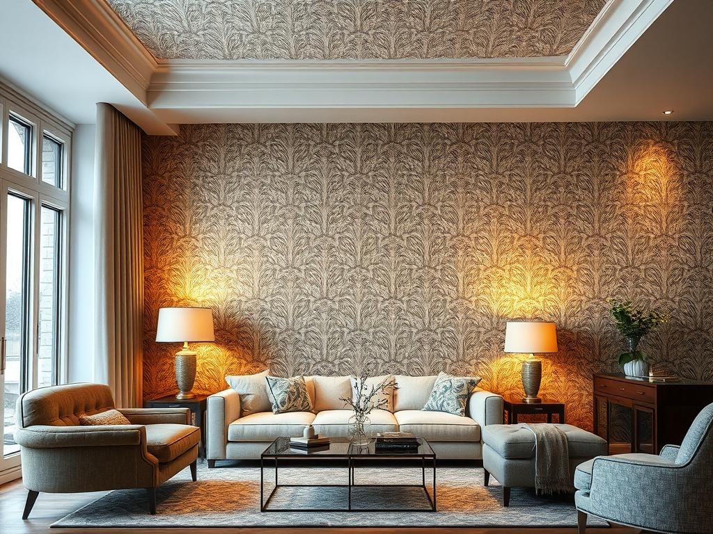 A hyper-realistic close-up shot of a beautifully installed wallpaper in an elegant living space. The wallpaper features intricate patterns and textures, showcasing a modern yet timeless design. The lighting is soft and warm, highlighting the details of the wallpaper and the overall ambiance of the room. The composition is simple and clear, focusing solely on the wallpaper to emphasize its quality and aesthetic appeal.