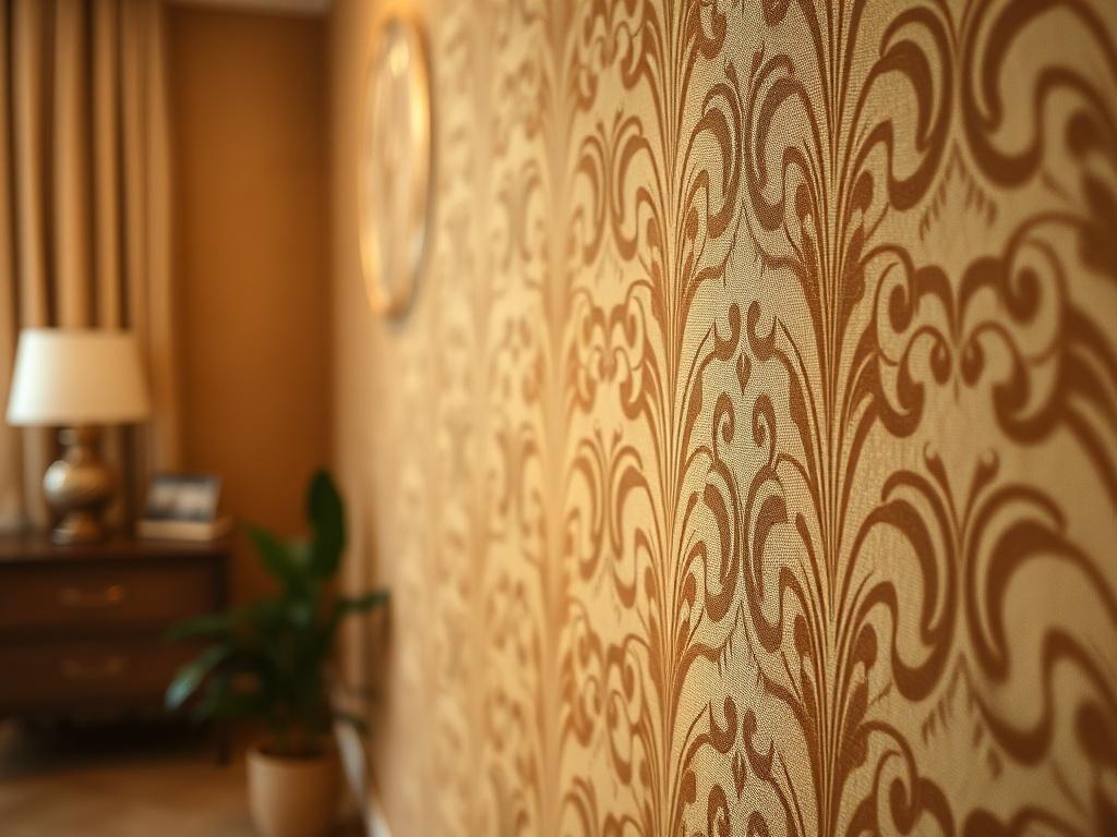 A close-up shot of an elegantly designed wallpaper installed on a wall. The wallpaper features a sophisticated pattern in warm earthy tones, showcasing intricate textures and details. The background is softly blurred to emphasize the wallpaper, capturing the essence of refined interior design. The lighting is warm and inviting, highlighting the quality of the materials. The composition is clean and focused, with the wallpaper as the sole subject.