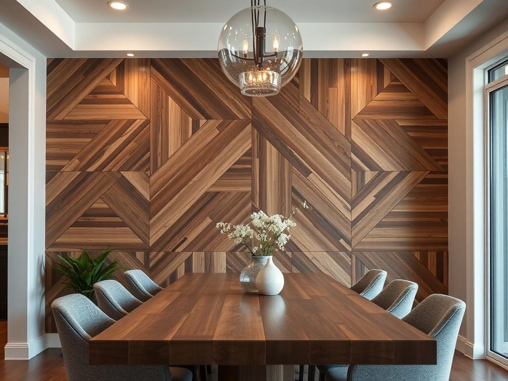 A close-up shot of a custom woodwork accent wall in a contemporary dining room. The design features geometric patterns using reclaimed wood, showcasing a blend of natural textures and modern aesthetics. Soft, ambient lighting enhances the warmth of the wood, creating an inviting atmosphere. The focus is on the craftsmanship and intricate details of the woodwork, captured with a 45mm f/1.2 lens for a sharp and elegant look.
