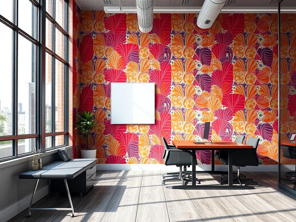 A close-up shot of a stylish commercial space featuring vibrant, patterned wallpaper. The wallpaper design reflects a modern corporate identity, with colors and patterns that energize the workspace. The image captures the professionalism of the installation, with clean lines and a polished finish. Natural light filters through large windows, illuminating the wallpaper and creating an inspiring atmosphere. Shot with a 45mm f/1.2 lens for enhanced detail and focus.