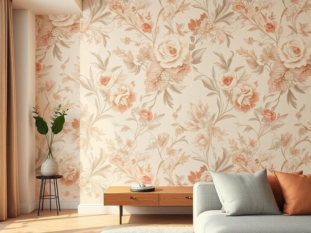 A close-up shot of a beautifully installed wallpaper in a modern living room setting. The wallpaper features an intricate floral design, blending soft pastel colors with a touch of elegance. The lighting is warm and inviting, highlighting the texture of the wallpaper. The composition focuses on one wall, showcasing the seamless installation and high-quality finish. The image captures the essence of refined interiors, shot with a 45mm f/1.2 lens.