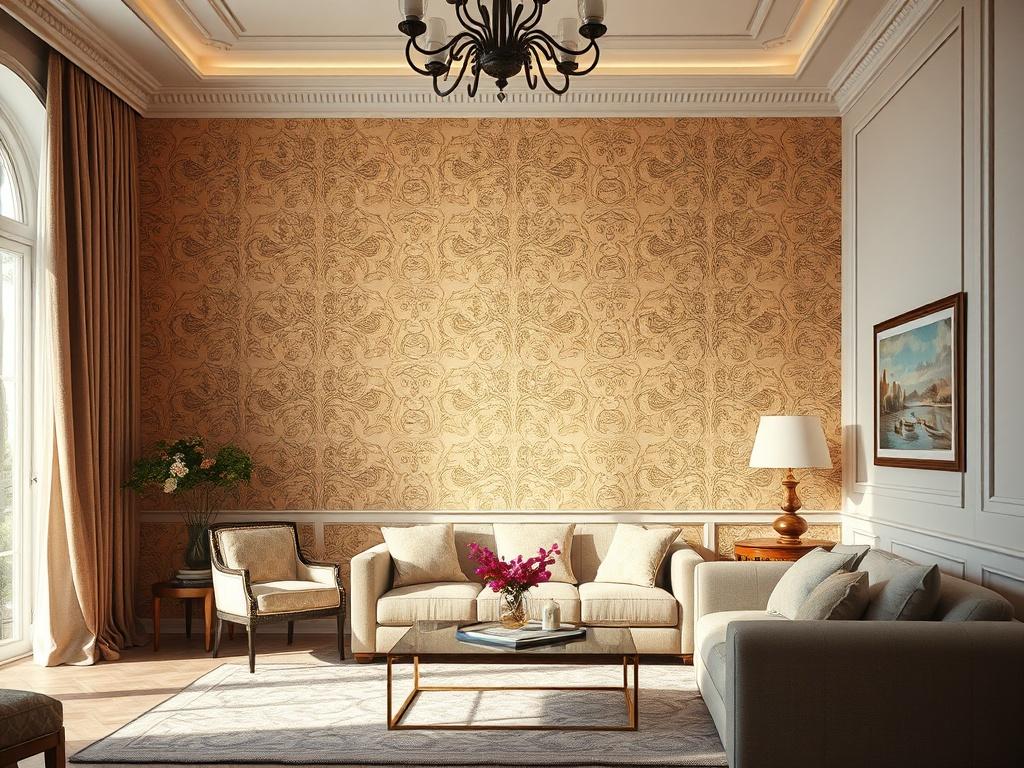 A hyper-realistic close-up shot of a beautifully installed wallpaper in an elegant living space, showcasing intricate patterns and textures. The image should have a warm, inviting atmosphere, with soft lighting highlighting the details of the wallpaper. The background should be minimalistic, allowing the wallpaper to be the focal point, and the composition should be simple and clear, emphasizing the craftsmanship and quality of the installation.